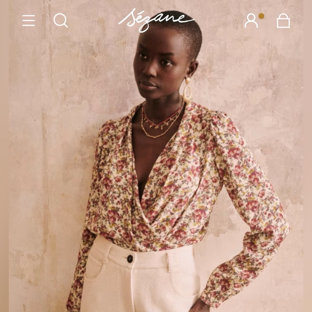 Sézane Abélia Floral Wrap Blouse Size EU 36 US 4 Draped Long Sleeve Parisian